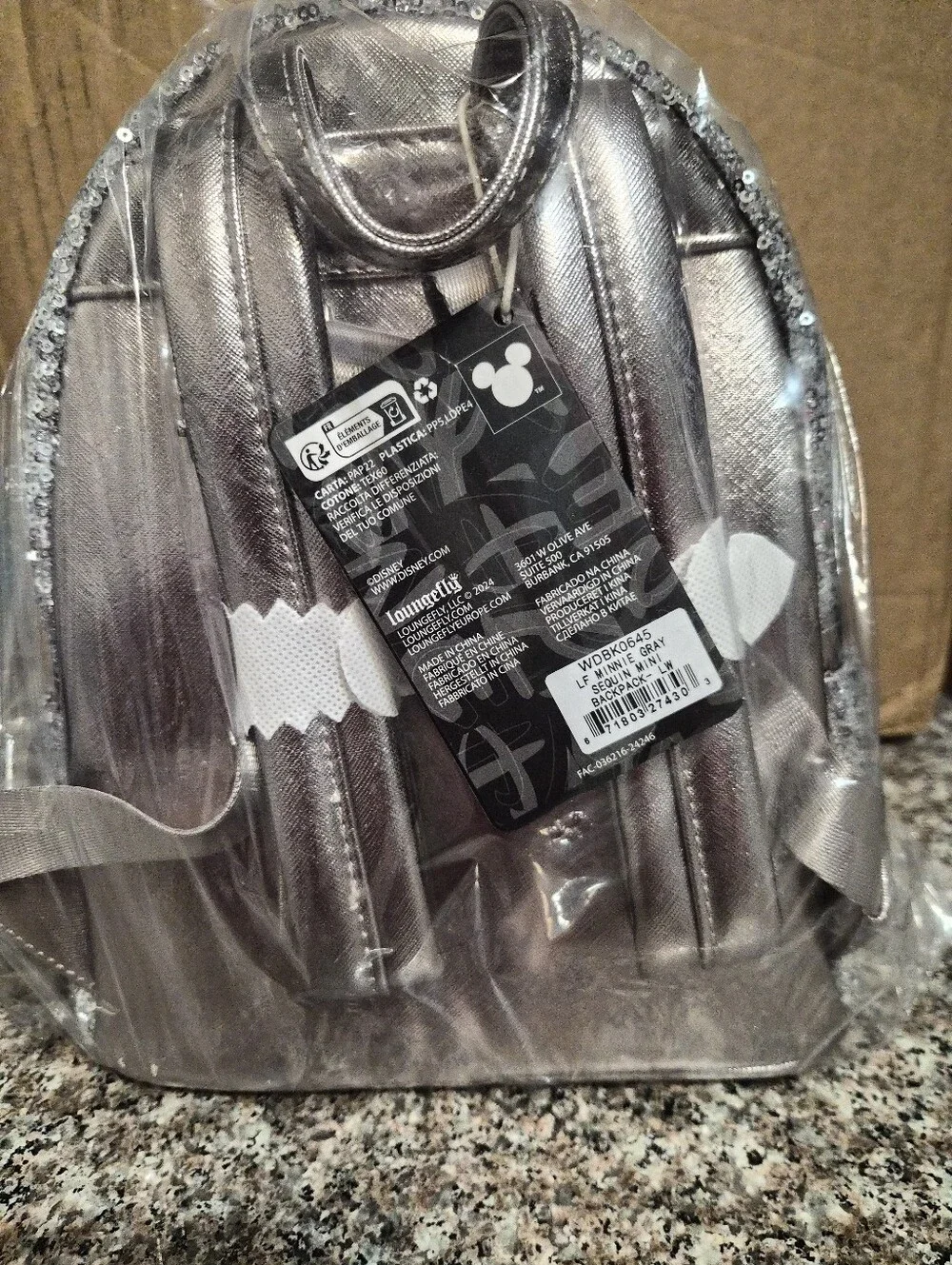 Loungefly Disney Silver Sequin Mini Backpack with Metallic Bow Accent